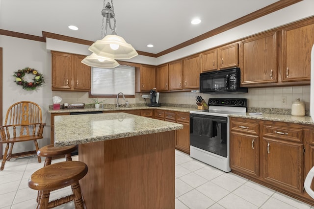 47545 Andrea Ct, Michigan, MI 48315 - kitchen with black microwave, electric range oven, a sink, light tile patterned floors, and crown molding