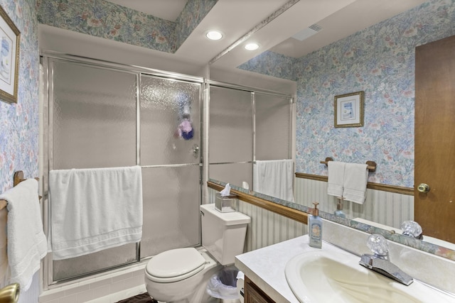 47545 Andrea Ct, Michigan, MI 48315 - full bathroom with wallpapered walls, vanity, toilet, a stall shower, and recessed lighting