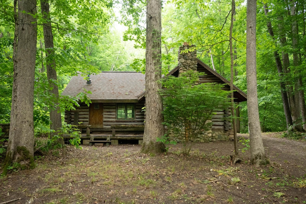 4286 Watson Rd, Eau Claire, MI 49111 - view of front of property with a chimney, a shingled roof, log exterior, and a forest view
