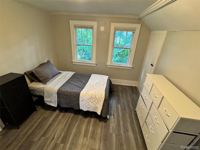 1202 Pershing St, Flint, MI 48503 - bedroom with dark wood-style flooring, vaulted ceiling, and ornamental molding