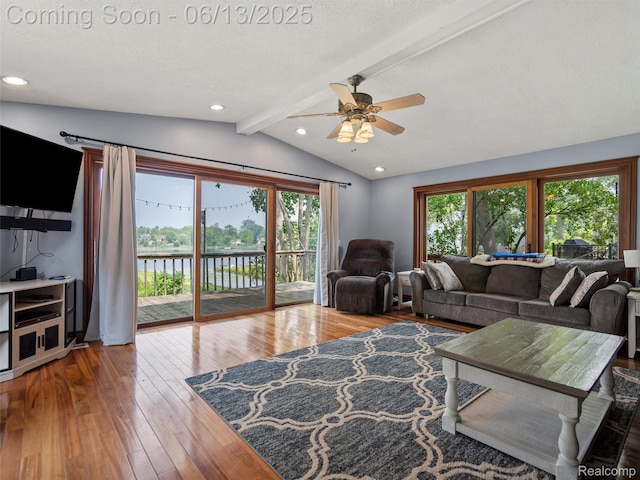 4967 Coshocton Dr, Waterford, MI 48327 - living room with ceiling fan, hardwood / wood-style floors, a water view, recessed lighting, and a textured ceiling