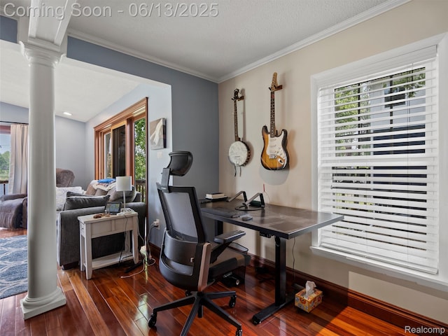4967 Coshocton Dr, Waterford, MI 48327 - office area featuring dark wood-style flooring, ornate columns, ornamental molding, and a textured ceiling