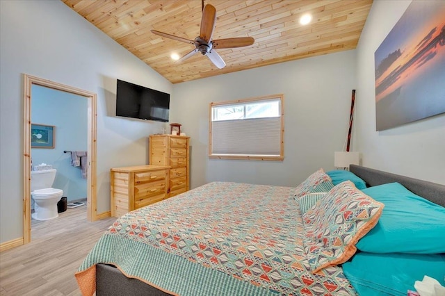 4823 Lakeside Blvd, Hale, MI 48739 - bedroom with wood ceiling, wood finished floors, lofted ceiling, connected bathroom, and ceiling fan