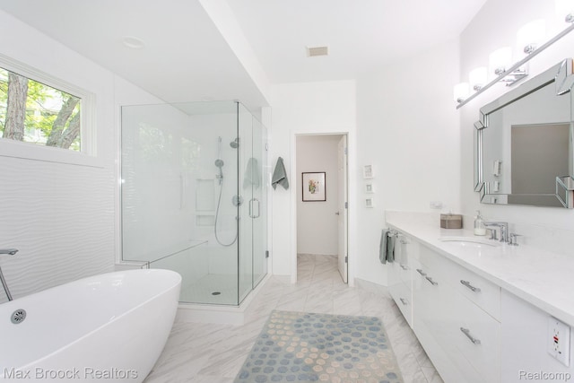 6524 Pleasant Lake Ct, West Bloomfield, MI 48322 - full bathroom with a shower stall, vanity, marble finish flooring, and a freestanding tub