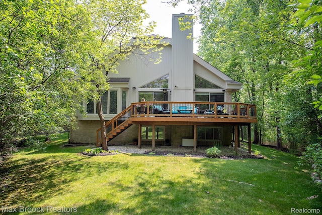 6524 Pleasant Lake Ct, West Bloomfield, MI 48322 - rear view of property with stairs, a wooden deck, a chimney, a yard, and a sunroom