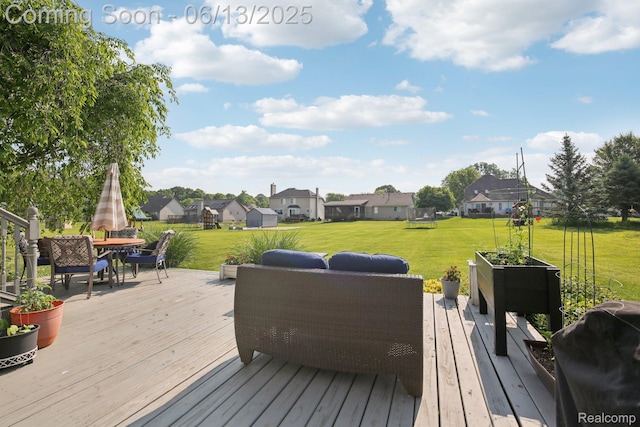 8329 Deer Creek Ct, Grand Blanc, MI 48439 - wooden deck featuring outdoor dining space, a yard, a residential view, and grilling area