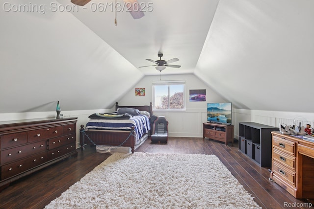 8329 Deer Creek Ct, Grand Blanc, MI 48439 - bedroom featuring dark wood-style floors, vaulted ceiling, and ceiling fan