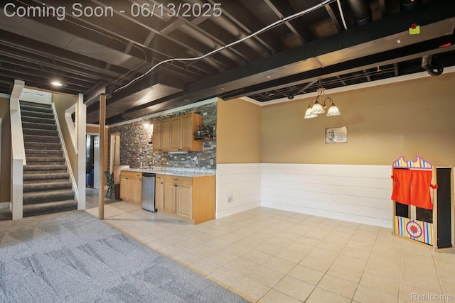 8329 Deer Creek Ct, Grand Blanc, MI 48439 - indoor wet bar with light tile patterned flooring, stairs, wainscoting, tasteful backsplash, and hanging light fixtures