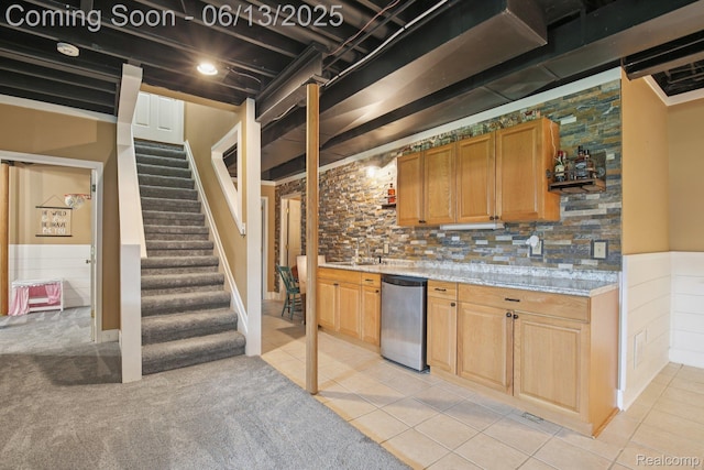 8329 Deer Creek Ct, Grand Blanc, MI 48439 - bar with stainless steel dishwasher, stairs, light tile patterned floors, light carpet, and decorative backsplash