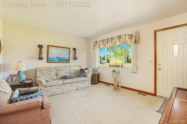 12818 Pomona Dr, Sterling Heights, MI 48312 - carpeted living area with baseboards and wallpapered walls