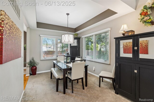 16483 Dawnlight Dr, Fenton, MI 48430 - dining room with a raised ceiling, healthy amount of natural light, and light colored carpet