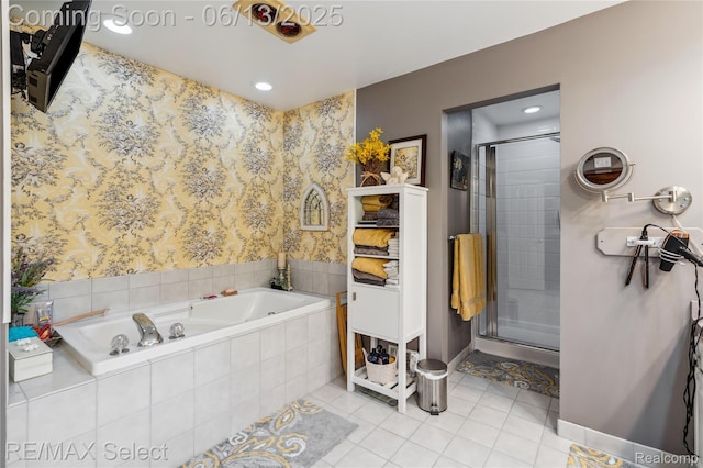 16483 Dawnlight Dr, Fenton, MI 48430 - full bathroom featuring a bath, a shower stall, tile patterned flooring, and recessed lighting