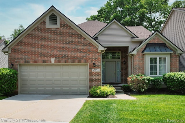 5958 Lochmore Dr, Commerce Twp, MI 48382 - view of front of home featuring brick siding, concrete driveway, a front lawn, an attached garage, and a shingled roof