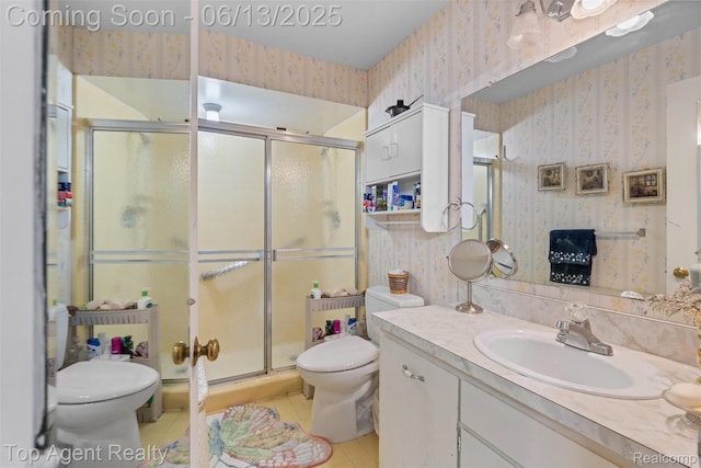 27557 W Echo Vly Unit 153, Farmington Hills, MI 48334 - bathroom featuring wallpapered walls, vanity, tile patterned floors, and a stall shower