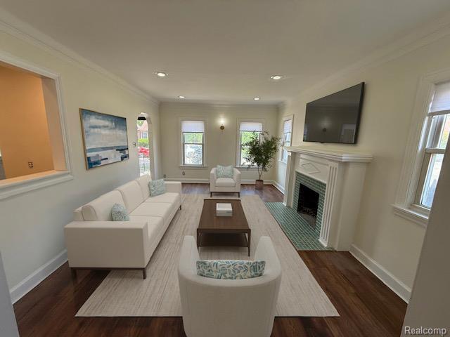 16652 Mendota St, Detroit, MI 48221 - living room with wood finished floors, plenty of natural light, ornamental molding, a fireplace with flush hearth, and recessed lighting