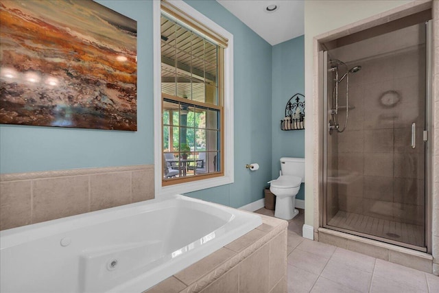 2082 Blackberry Ln, Howell, MI 48855 - bathroom with a bath, a stall shower, toilet, and tile patterned floors
