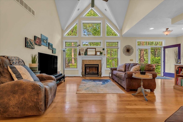 2082 Blackberry Ln, Howell, MI 48855 - living room with healthy amount of natural light, a glass covered fireplace, hardwood / wood-style flooring, and high vaulted ceiling