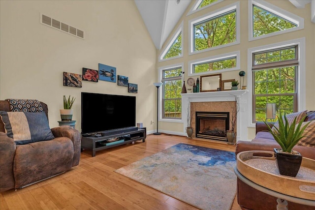2082 Blackberry Ln, Howell, MI 48855 - living area with wood finished floors, a high end fireplace, and high vaulted ceiling