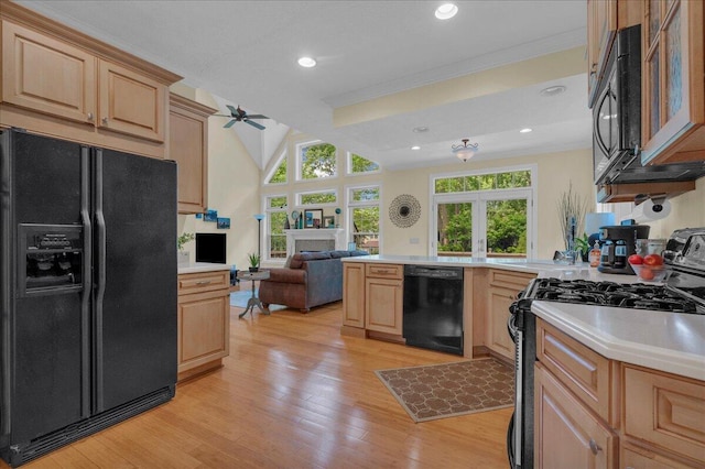 2082 Blackberry Ln, Howell, MI 48855 - kitchen with black appliances, light brown cabinets, open floor plan, light countertops, and crown molding