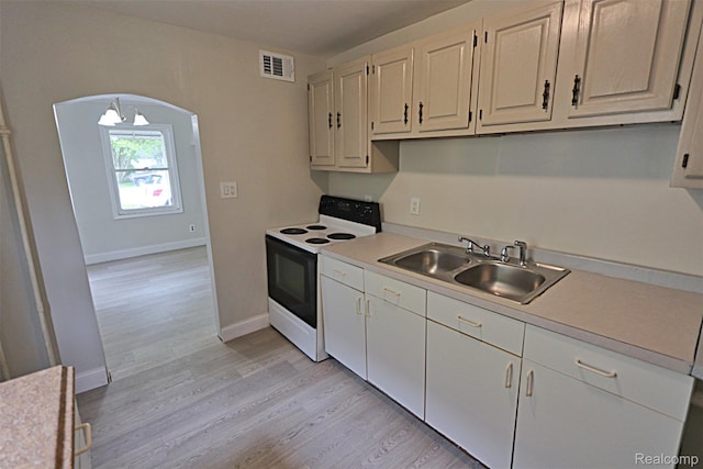 19444 Inkster Rd, Redford, MI 48240 - kitchen featuring white electric range, a sink, light countertops, light wood finished floors, and baseboards