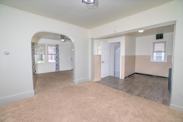 17376 Fielding St, Detroit, MI 48219 - carpeted empty room featuring arched walkways, a ceiling fan, and ornamental molding