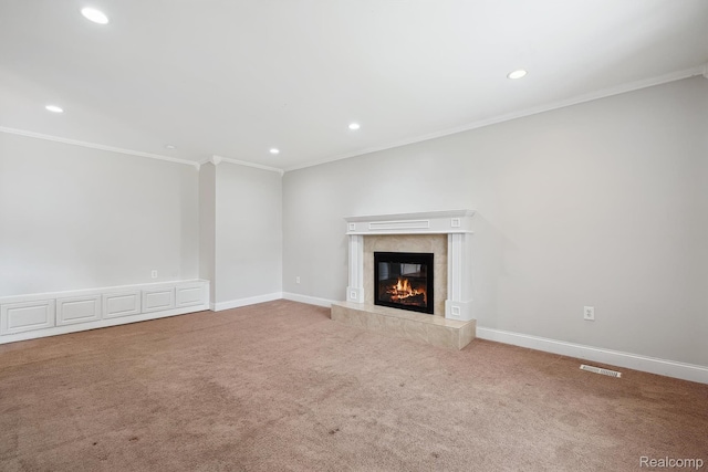 7302 Parkway Ct, Canton, MI 48187 - unfurnished living room featuring recessed lighting, a premium fireplace, crown molding, and carpet
