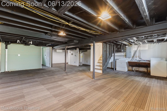 24811 Sherman St, Oak Park, MI 48237 - finished basement featuring carpet floors, electric panel, stairway, and a sink