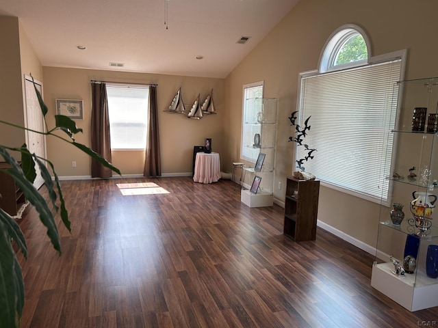 112 Kilkenny Dr, Onsted, MI 49265 - foyer with dark wood-style floors, vaulted ceiling, and baseboards