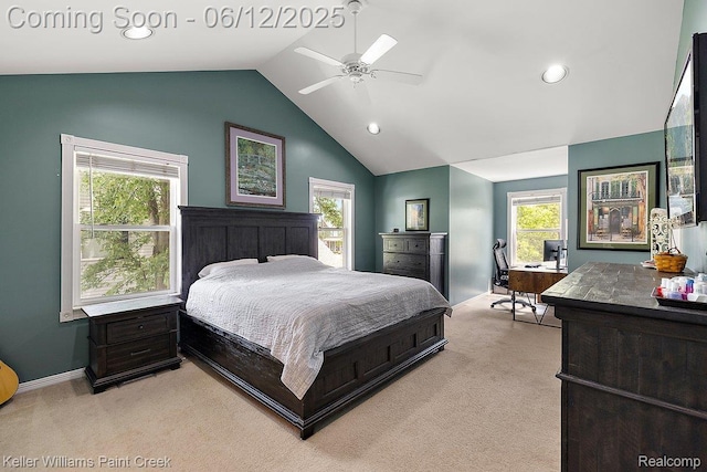 46341 Jasmine Ct, Chesterfield, MI 48047 - bedroom with light colored carpet, vaulted ceiling, a desk, multiple windows, and recessed lighting