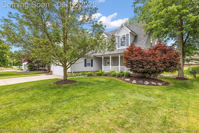 46341 Jasmine Ct, Chesterfield, MI 48047 - cape cod home featuring covered porch, concrete driveway, a front yard, a shingled roof, and an attached garage