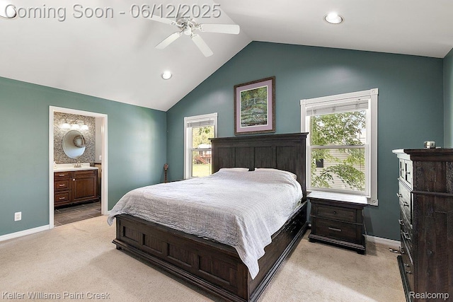 46341 Jasmine Ct, Chesterfield, MI 48047 - bedroom with light carpet, lofted ceiling, ensuite bath, multiple windows, and recessed lighting