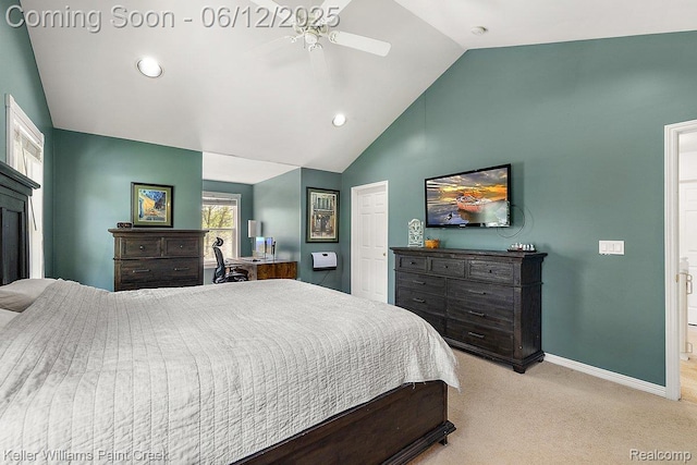 46341 Jasmine Ct, Chesterfield, MI 48047 - bedroom featuring light colored carpet, recessed lighting, a ceiling fan, and high vaulted ceiling