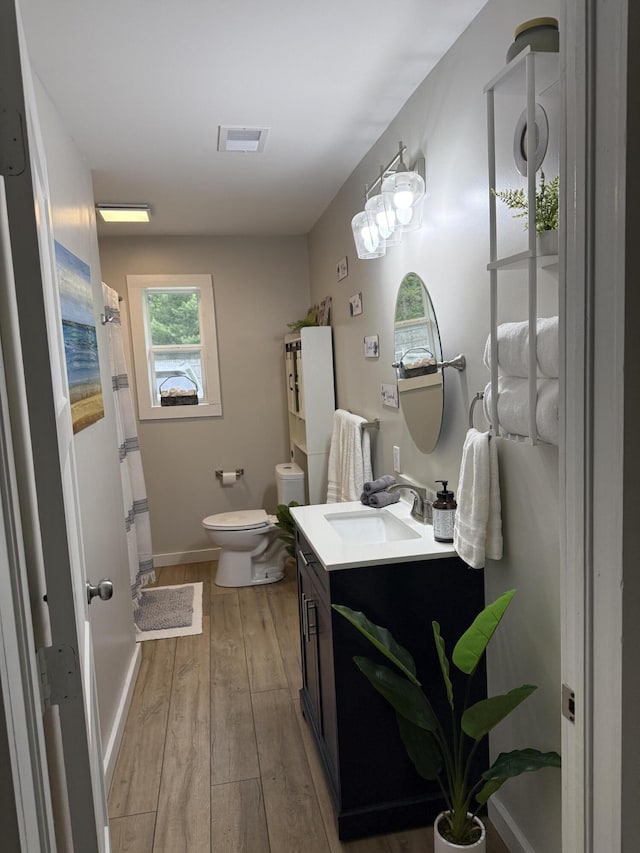 4223 S Harvard Ave, Baldwin, MI 49304 - bathroom with toilet, vanity, hardwood / wood-style flooring, curtained shower, and baseboards