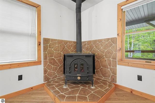 2460 E 26th Rd, Cadillac, MI 49601 - detailed view of a wood stove, wood finished floors, and baseboards