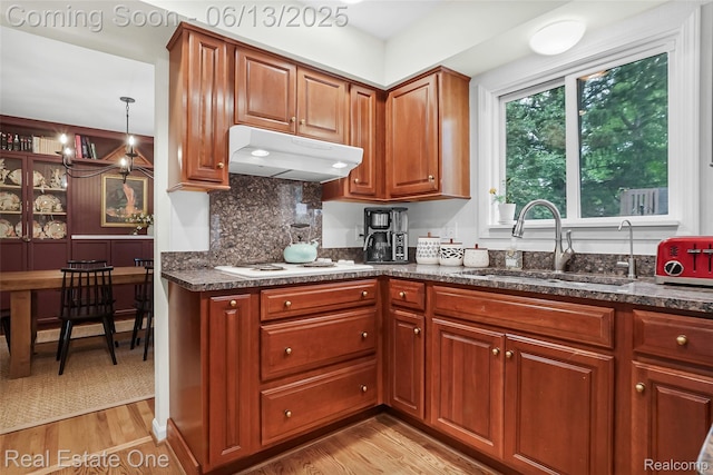 23229 Gilbar St, Novi, MI 48375 - kitchen featuring under cabinet range hood, light wood finished floors, white stovetop, brown cabinets, and backsplash
