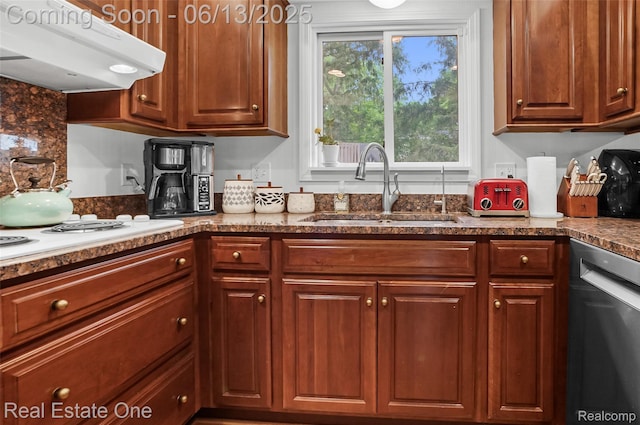 23229 Gilbar St, Novi, MI 48375 - kitchen with dishwasher, under cabinet range hood, white electric cooktop, stone counters, and brown cabinets