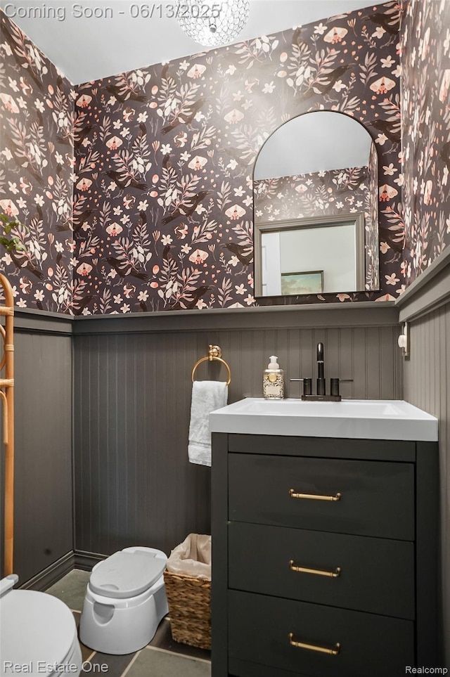 23229 Gilbar St, Novi, MI 48375 - half bathroom with wallpapered walls, vanity, and a wainscoted wall