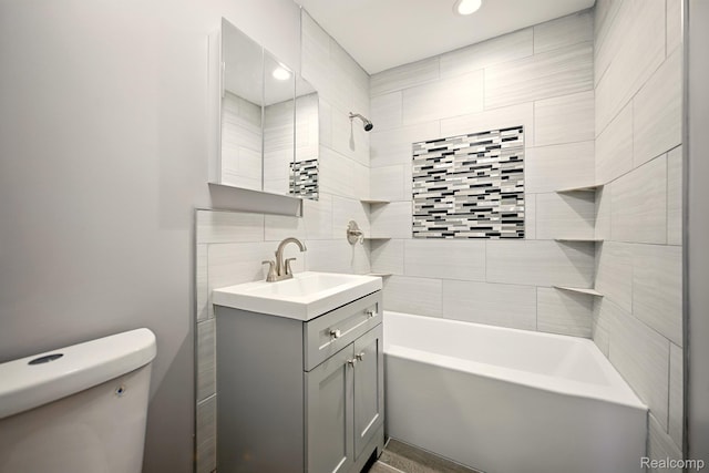 2070 Harwine St, Flint, MI 48532 - bathroom with vanity, bathing tub / shower combination, recessed lighting, and decorative backsplash