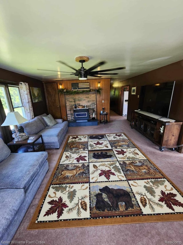 370 Wales Ridge Rd, Wales, MI 48027 - living room with carpet floors, ceiling fan, and a fireplace with raised hearth