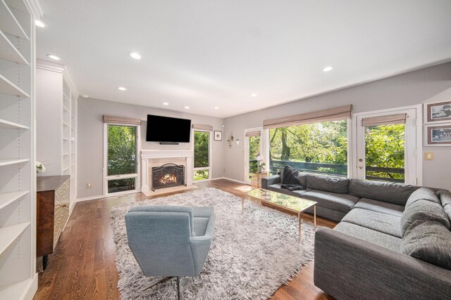 2002 Valleyview Dr, Ann Arbor, MI 48105 - living area with wood finished floors, a fireplace with flush hearth, recessed lighting, and baseboards