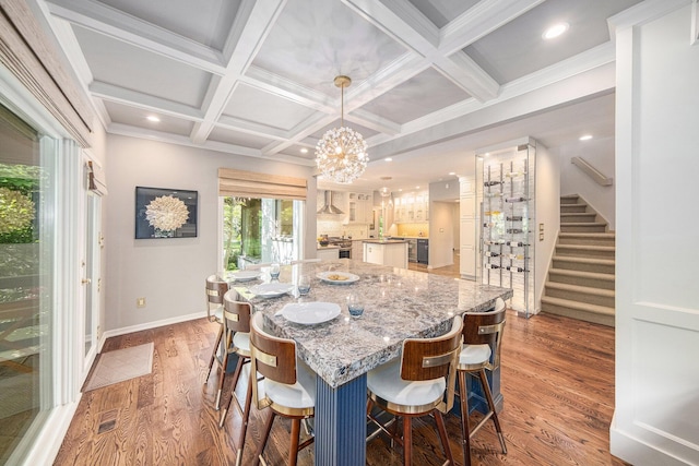 2002 Valleyview Dr, Ann Arbor, MI 48105 - dining space with stairway, light wood-style floors, baseboards, a chandelier, and recessed lighting