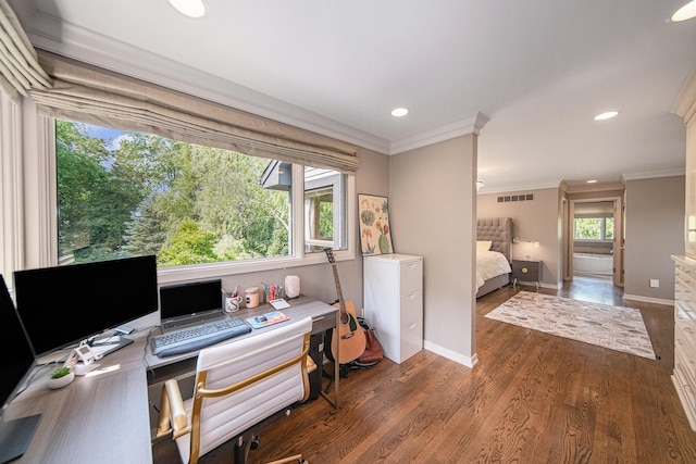 2002 Valleyview Dr, Ann Arbor, MI 48105 - office space with crown molding, wood finished floors, and recessed lighting