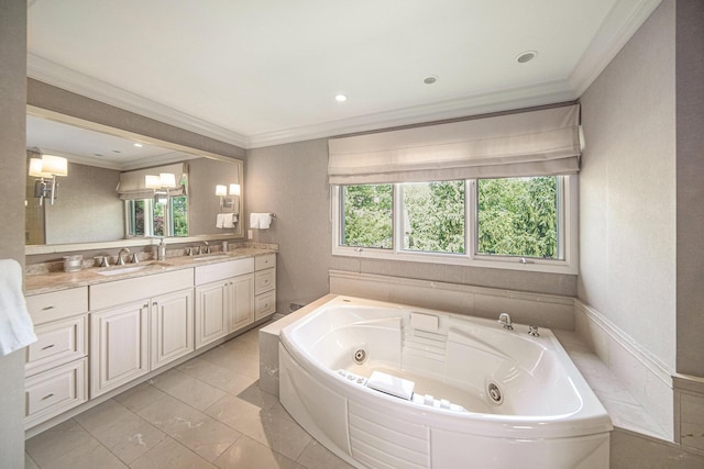 2002 Valleyview Dr, Ann Arbor, MI 48105 - full bath featuring ornamental molding, double vanity, a jetted tub, and recessed lighting