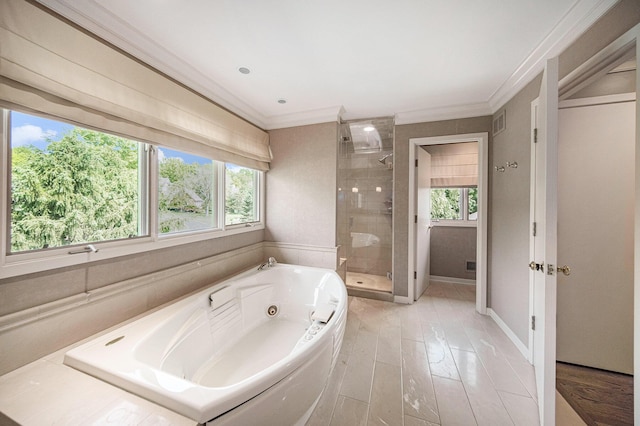 2002 Valleyview Dr, Ann Arbor, MI 48105 - bathroom with a stall shower, crown molding, and a jetted tub