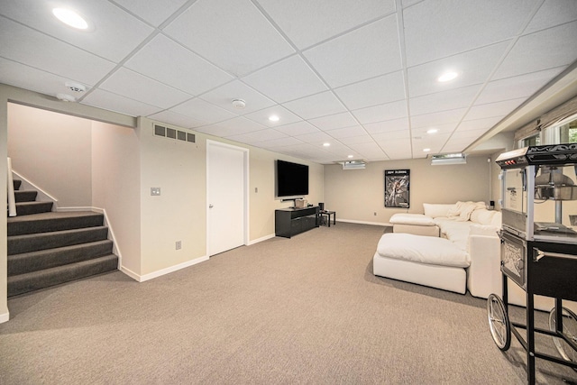 2002 Valleyview Dr, Ann Arbor, MI 48105 - carpeted living area featuring stairway, recessed lighting, and a drop ceiling