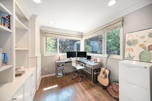 2002 Valleyview Dr, Ann Arbor, MI 48105 - home office featuring healthy amount of natural light, ornamental molding, wood finished floors, and recessed lighting