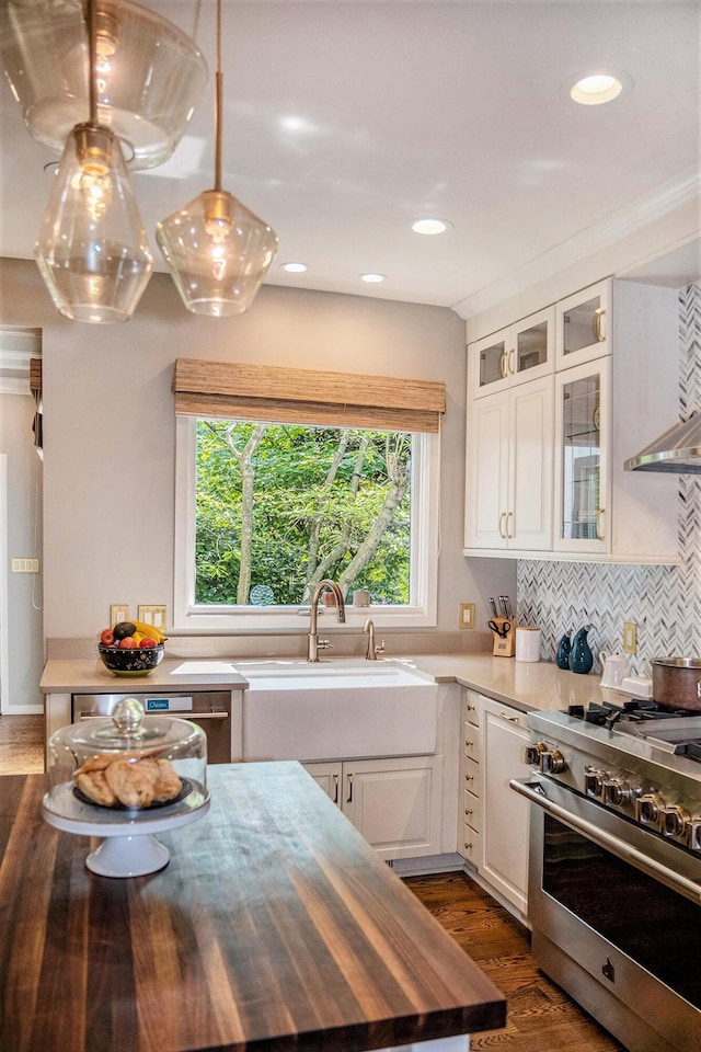 2002 Valleyview Dr, Ann Arbor, MI 48105 - kitchen with stainless steel stove, dark wood-type flooring, white cabinets, glass insert cabinets, and decorative backsplash