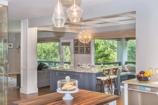 2002 Valleyview Dr, Ann Arbor, MI 48105 - dining space featuring plenty of natural light, dark wood-style flooring, coffered ceiling, a chandelier, and beamed ceiling