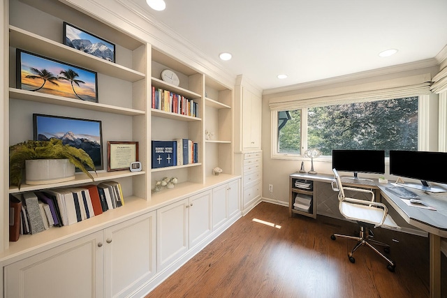 2002 Valleyview Dr, Ann Arbor, MI 48105 - home office with crown molding, dark wood-style flooring, built in shelves, and recessed lighting