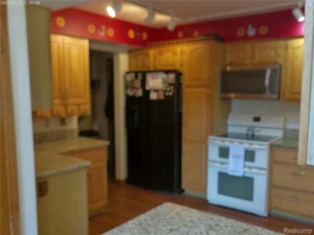 6140 Mcguire Rd, Fenton, MI 48430 - kitchen featuring stainless steel microwave, range with two ovens, black fridge with ice dispenser, and light wood-style floors